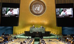 沙特国王萨勒曼在联合国大会第75届会议上发表视频讲话。