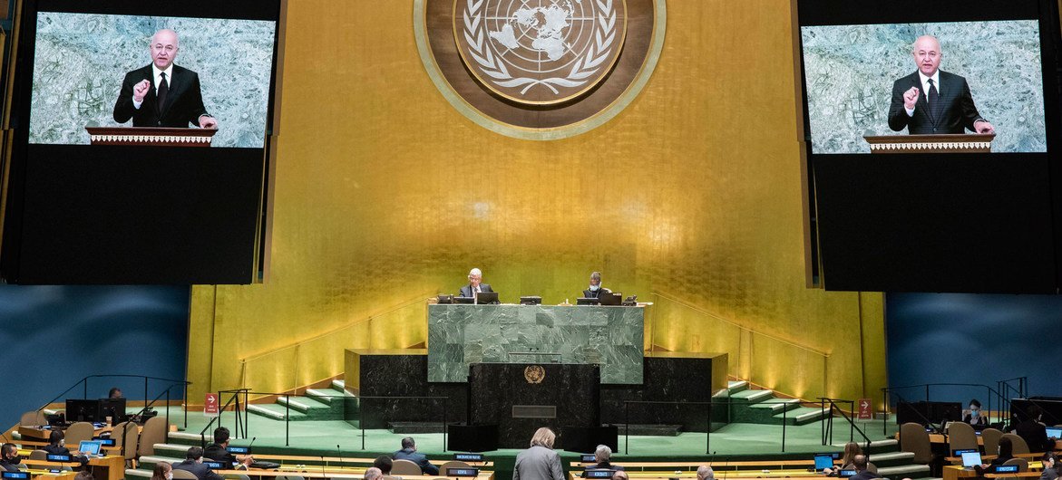 伊拉克总统萨利赫在联合国大会第75届会议上发表视频讲话。