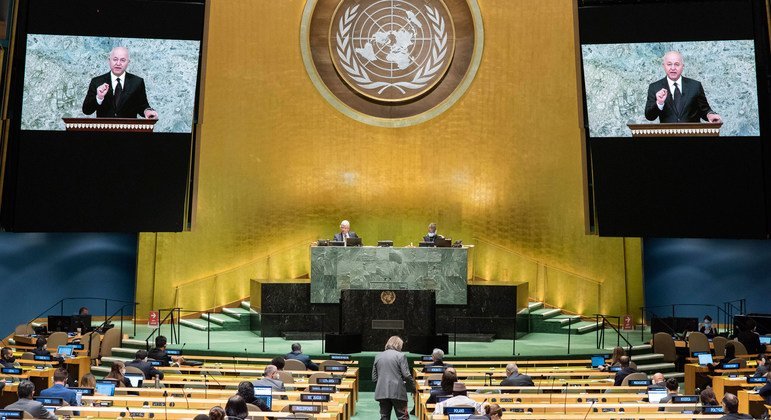 الرئيس العراقي برهم صالح خلال إلقاء كلمته المسجلة امام مداولات الجمعية العامة للأمم المتحدة.