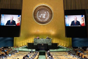 Президент Молдовы Игорь Додон выступает на 75-й сессии Генассамблеи ООН.