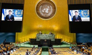 乌克兰总统泽连斯基在联合国大会第75届会议上发表视频讲话。