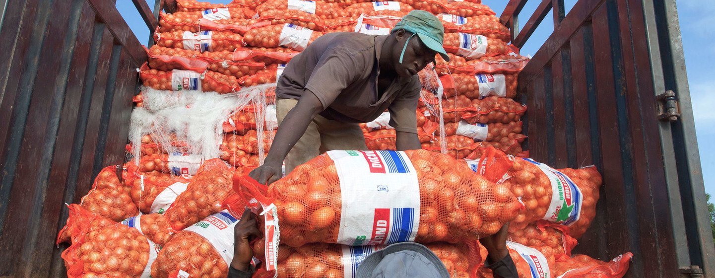 Men unload sacks of onions from a truck in Bamako, Mali, a landlocked developing country. Their lack of direct access to the vital trade links often result in landlocked countries paying high transport and transit costs.