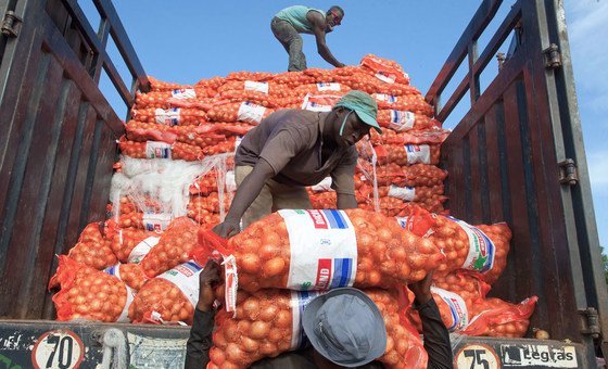 Men unload sacks of onions from a truck in Bamako, Mali, a landlocked developing country. Their lack of direct access to the vital trade links often result in landlocked countries paying high transport and transit costs.  