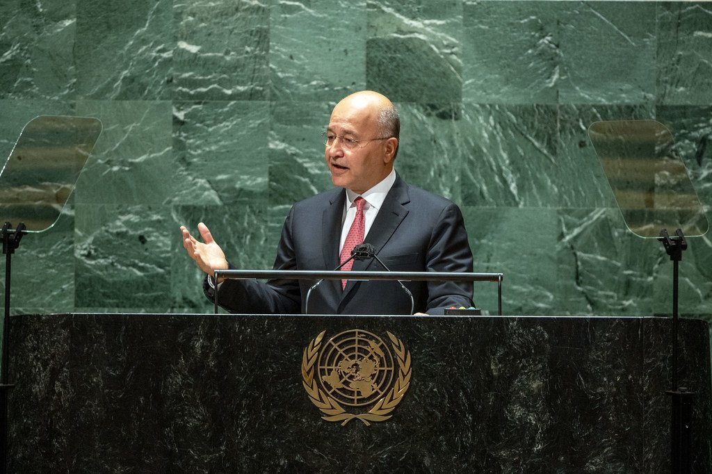 伊拉克总统萨利赫在联合国大会第76届会议上发表讲话。