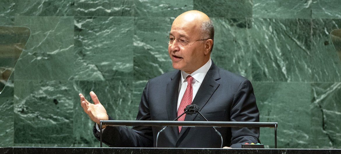 President Barham Salih of Iraq addresses the general debate of the UN General Assembly’s 76th session.