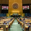 На экранах показано выступление президента Азербайджанской Республики Ильхама Алиева на общих дебатах 76-й сессии Генеральной Ассамблеи Организации United Nations .