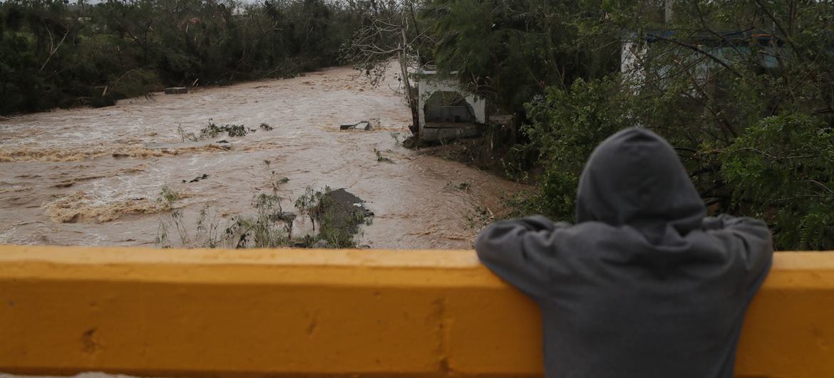 ڈومینیکن ریپبلک میں سمندری طوفان فیونا کے آنے سے سب سے زیادہ متاثر ہونے والے صوبوں میں سے ایک، ہیگوی میں ایک لڑکا دریائے سناٹے پر پل پر کھڑا ہے۔