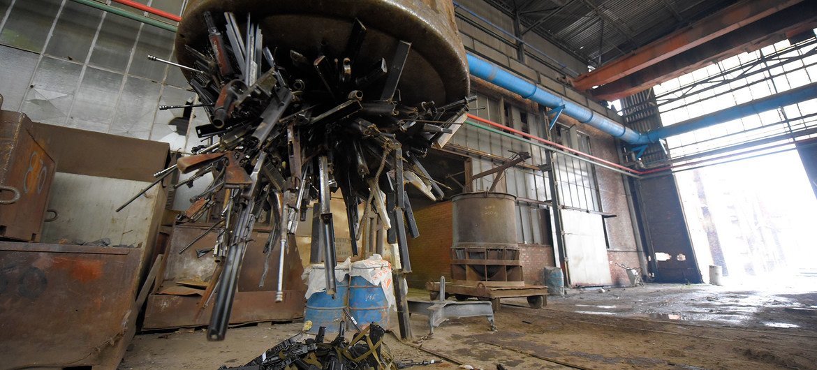 Small arms and light weapons are collected and sorted for destruction at a facility in Serbia in 2017.