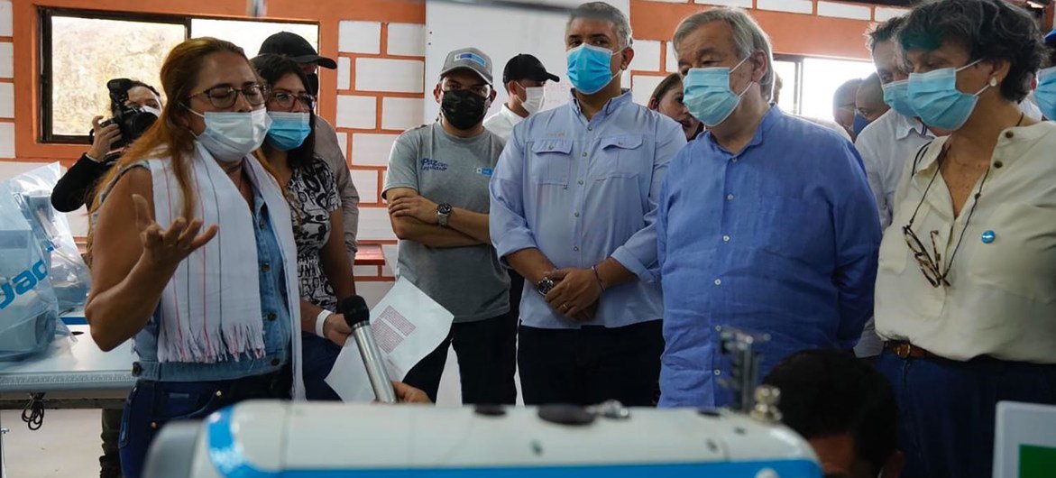 Secretary-General António Guterres visits a clothing workshop that reintegrates former guerrilla fighters into civil society, in Llano Grande, Colombia.