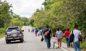Famílias de Honduras caminham pela fronteira da Guatemala. 