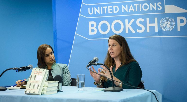 Author Caroline Criado Perez (right) and UN Senior Gender Advisor Nahla Valji discuss her groundbreaking book 'Invisible Women' at the United Nations Bookshop at headquarters in New York..
