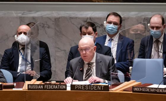 Vassily Nebenzia, Permanent Representative of the Russian Federation to the United Nations and President of the Security Council for the month of February, chairs the emergency Security Council meeting on the current situation in Ukraine.