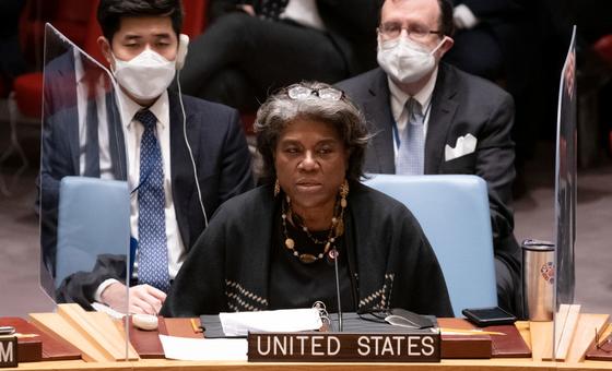 Linda Thomas-Greenfield, Permanent Representative of the United States to the United Nations, addresses the emergency Security Council meeting on the current situation in Ukraine.