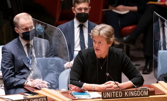 Barbara Woodward, Permanent Representative of the United Kingdom to the United Nations, addresses the emergency Security Council meeting on the current situation in Ukraine.