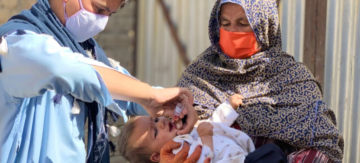 अफ़ग़ानिस्तान में पोलियो टीकाकरण अभियान के तहत एक नवजात शिशु को ख़ुराक पिलाई जा रही है.