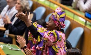 A participant speaks at an event in the UN General Assembly marking International Women’s Day. 