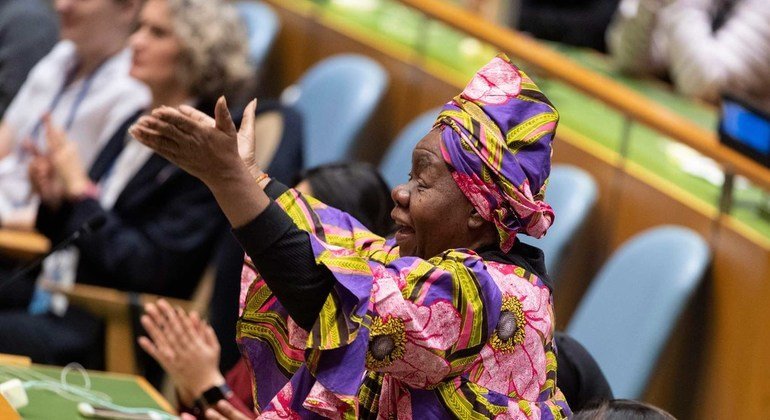 A participant speaks at an event in the UN General Assembly marking International Women’s Day. 