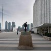 The Visitors Plaza at United Nations Headquarters would normally be bustling with people, but is closed to visitors during the pandemic..