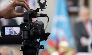 UN Secretary-General António Guterres, on screen,  holds a virtual press conference (file photo).