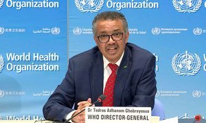 WHO Director-General Tedros Adhanom Ghebreyesus briefs virtually at the launch of the statement of commitment and call for support for the global collaboration to accelerate the development, production and equitable access to new COVID-19 tools.