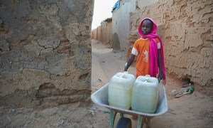 فتاة تبلغ من العمر تسعة أعوام تدفع عربة محملة بالمياه في أحد مخيمات النازحين في دارفور بالسودان.
