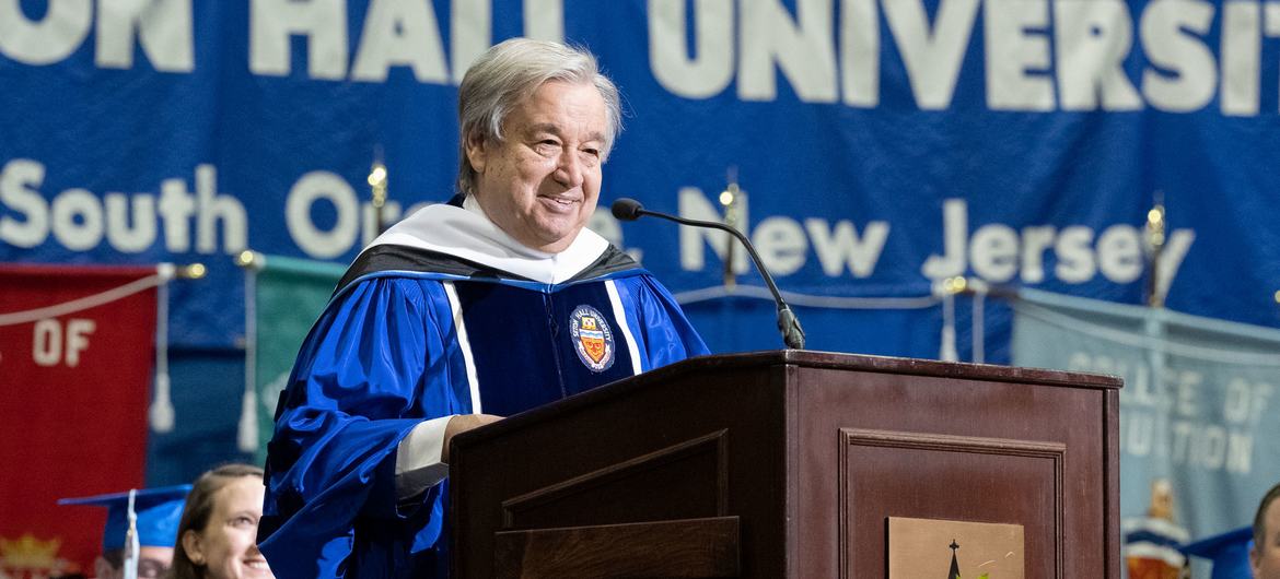 UN Secretary-General António Guterres receives an honorary degree from Seton Hall University in New Jersey in the United States.