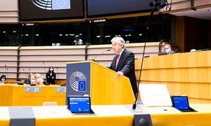 UN Secretary-General António Guterres delivers his remarks at the Plenary Session of the European Parliament in Brussels.