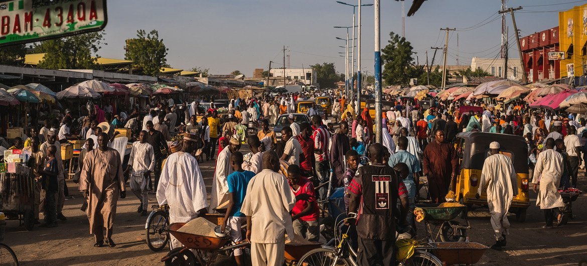 A street scene at a market in northeast Nigeria.