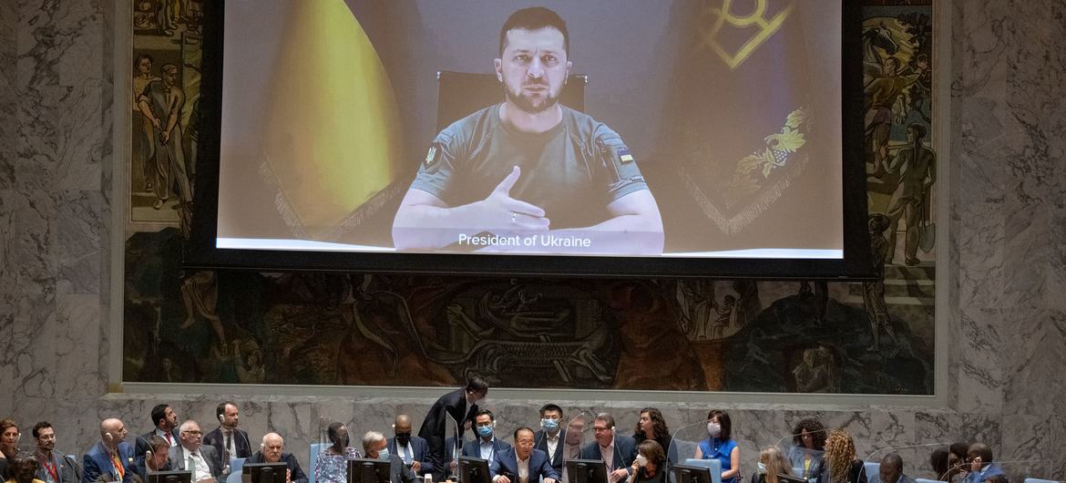 President Volodymyr Zelenskyy of Ukraine (on screen) addresses the UN Security Council meeting on Maintenance of Peace and Security of Ukraine.
