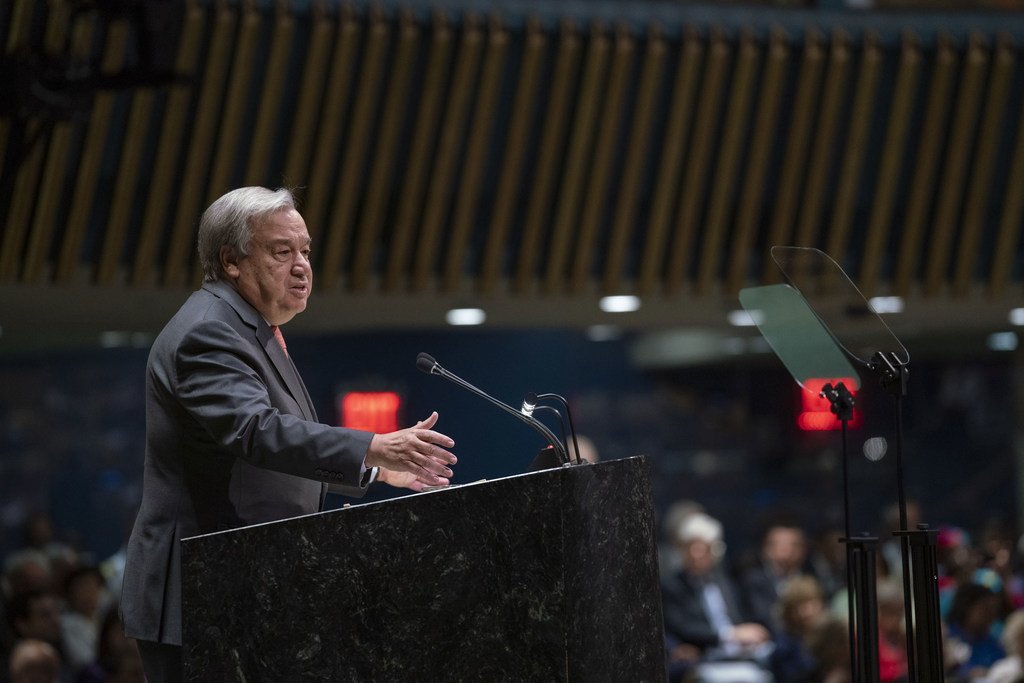 संयुक्त राष्ट्र महासचिव एंतोनियो गुटेरेश यूएन के कामकाज पर वार्षिक रिपोर्ट पेश करते हुए. 