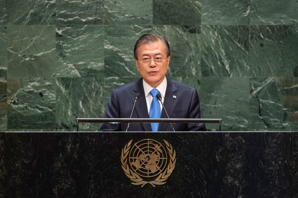 2019年9月24日， 韩国总统文在寅在联合国大会第74届一般性辩论中发言。 