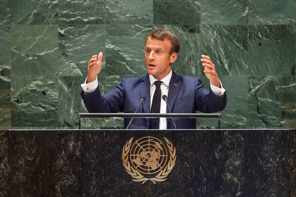 Emmanuel Macron, Président de la République française, prononce un discours lors de la 74ème session du débat général de l'Assemblée générale des Nations Unies. (24 septembre 2019)