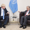 यूएन प्रमुख एंतोनियो गुटेरेश (दाएँ) और ब्रिटेन के प्रधानमन्त्री बोरिस जॉनसन (फ़ाइल फ़ोटो)