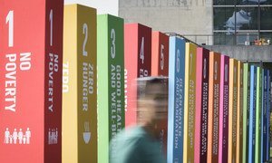 Displays at the United Nations Headquarters in New York illustrate the 17 Sustainable Development Goals (SDGs).