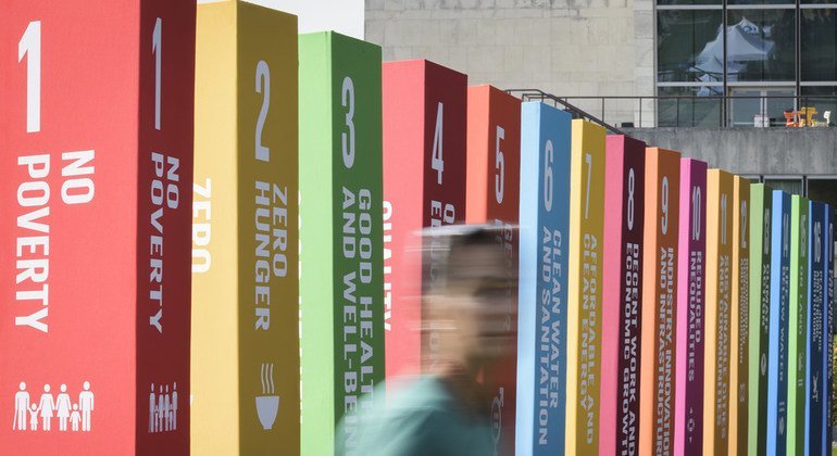 Displays at the United Nations Headquarters in New York illustrate the 17 Sustainable Development Goals (SDGs).