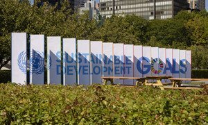 Sustainable Development Goals (SDGs) banners on the grounds of UN Headquarters, New York.