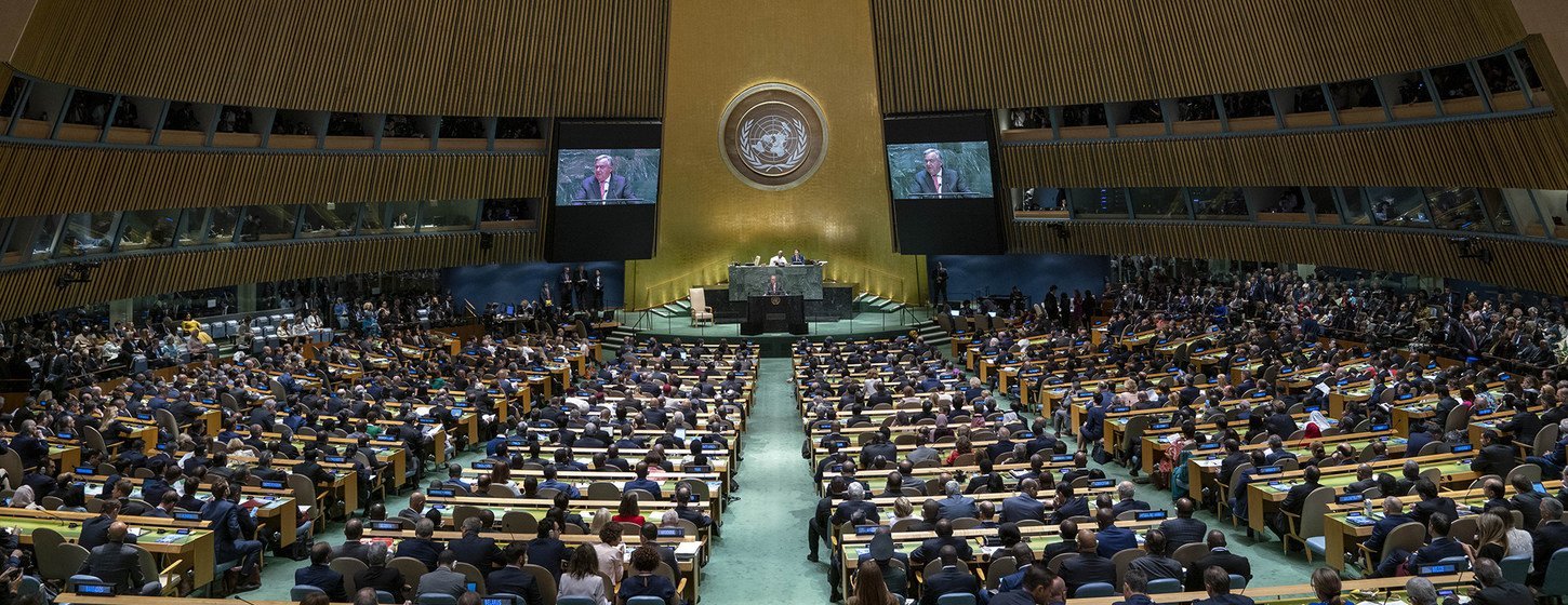 Wide shot of the General Assembly Hall as UN Secretary-General António Guterres addresses the opening of the General Debate of the 74th session of the General Assembly. Wide shot of the General Assembly Hall as UN Secretary-General António Guterres addresses the opening of the General Debate of the 74th session of the General Assembly.