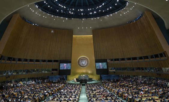 Wide shot of the General Assembly Hall as UN Secretary-General António Guterres addresses the opening of the General Debate of the 74th session of the General Assembly.