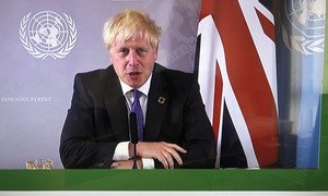 The Prime Minister of the United Kingdom Boris Johnson addresses a virtual meeting on climate action hosted by the UN. 