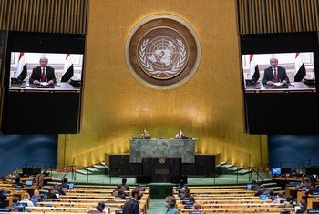 也门总统哈迪在联合国大会第75届会议上发表视频讲话。