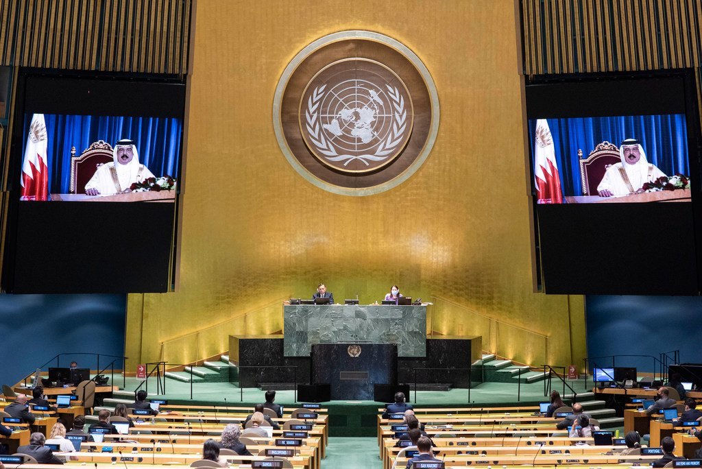 King Hamad bin Isa Al Khalifa (on screen) of the Kingdom of Bahrain addresses the general debate of the General Assembly’s seventy-fifth session.