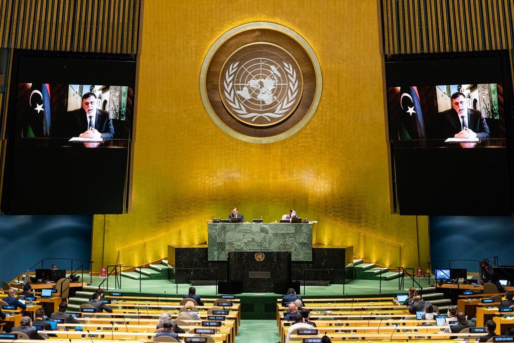 Faiez Mustafa Serraj (on screen), President of the Presidency Council of the Government of National Accord, State of Libya, addresses the general debate of the General Assembly’s seventy-fifth session.