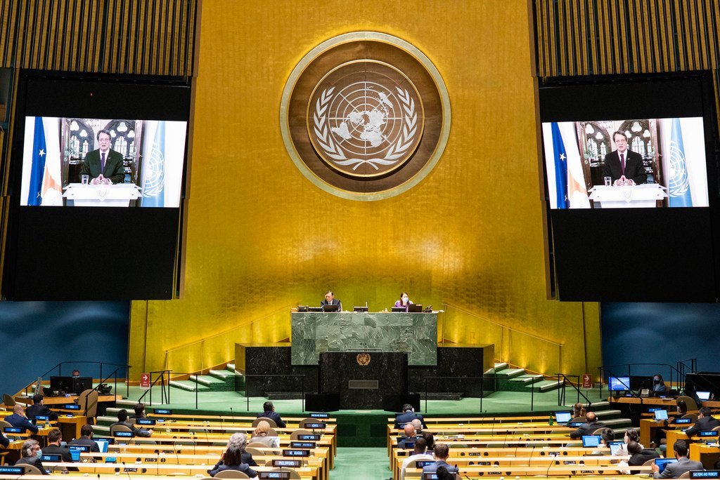 President Nicos Anastasiades (on screen) of the Republic of Cyprus addresses the general debate of the General Assembly’s seventy-fifth session.