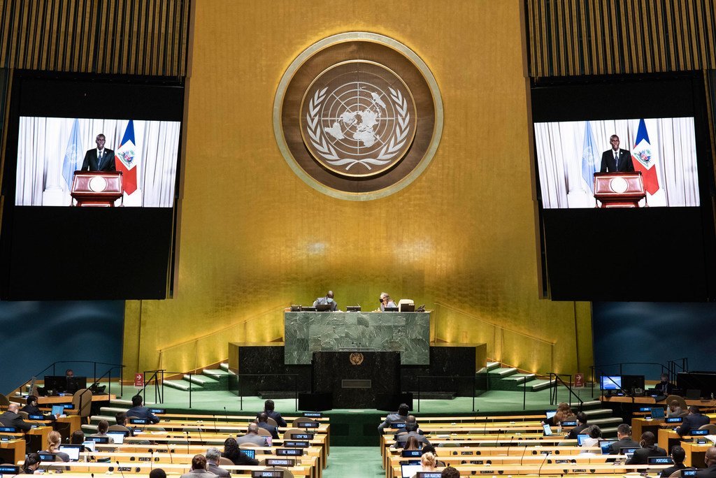 President Jovenel Moïse (on screen) of Haiti addresses the general debate of the General Assembly’s seventy-fifth session.