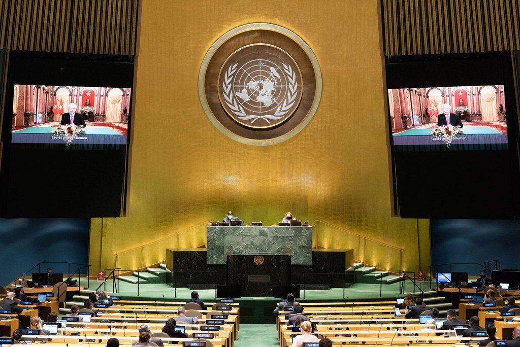 President Nguyen Phu Trong (on screen) of Viet Nam addresses the general debate of the General Assembly’s seventy-fifth session.