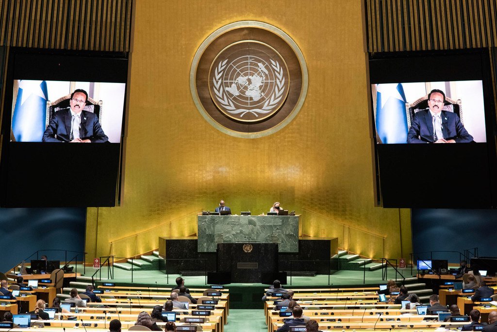 President Mohamed Abdullahi Mohamed Farmajo (on screen) of Somalia addresses the general debate of the General Assembly’s seventy-fifth session.