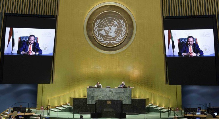 الدكتور عبد الله آدم حمدوك، رئيس وزراء جمهورية السودان يلقي كلمة بلاده أمام الجمعية العامة للأمم المتحدة
