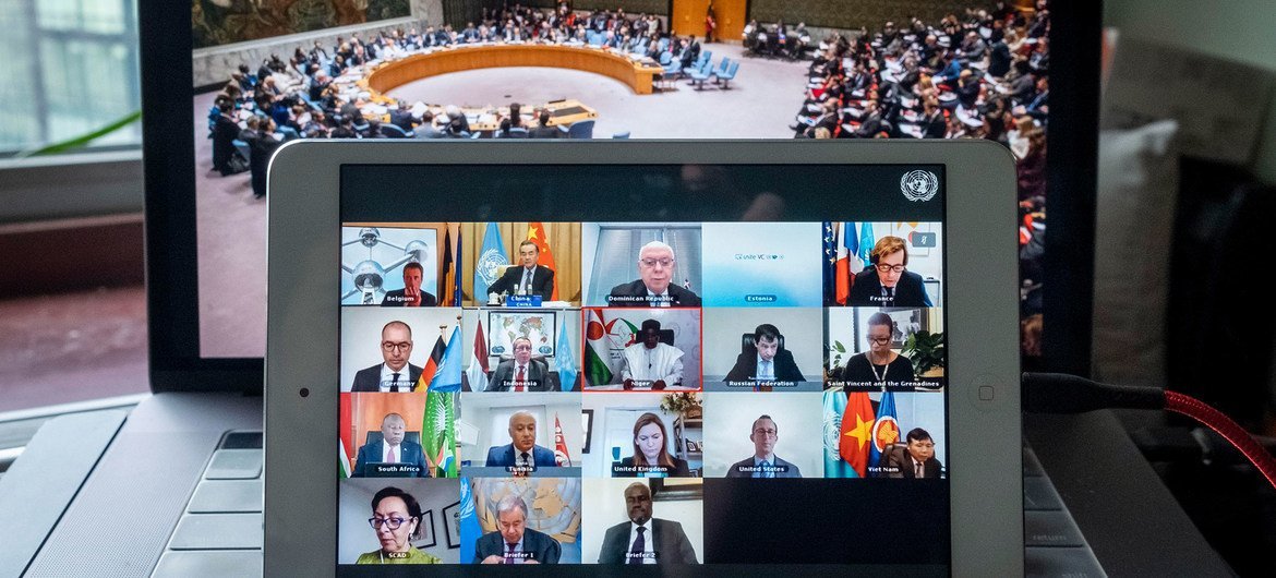 UN Security Council members hold an open videoconference in connection with Maintenance of International Peace and Security: Global Governance post-COVID-19.