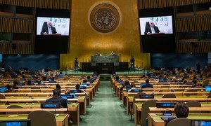 巴勒斯坦国总统阿巴斯在联合国大会第76届会议上发表视频讲话。