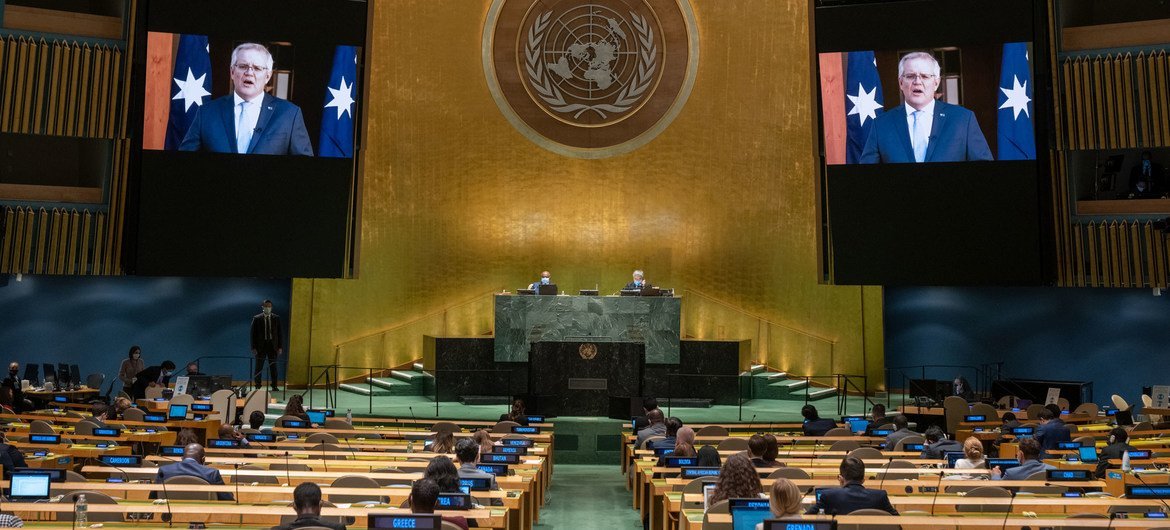 澳大利亚总理莫里森在联合国大会第76届会议上发表视频讲话。